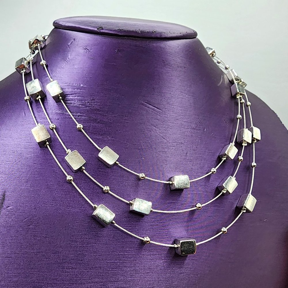 Lia Sophia MAINSTREAM Silver Floating Square Beads Triple Strand Signed Necklace